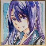  1boy artist_name border collarbone commentary_request hair_between_eyes highres long_hair looking_at_viewer male_focus mutuki_akira outside_border portrait purple_hair smile solo tales_of_(series) tales_of_vesperia teeth traditional_media twitter_username violet_eyes watermark white_border yuri_lowell 