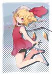  1girl bat_wings blonde_hair crystal dress flandre_scarlet from_side full_body highres kabochamaronpie medium_hair neck_ribbon red_dress red_eyes ribbon sandals shorts side_ponytail smile solo touhou wings yellow_ribbon 