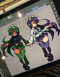  2girls dark-skinned_female dark_skin filia_(skullgirls) fukua_(skullgirls) highres madamerinrin multiple_girls navel necktie one_eye_closed red_eyes samson_(skullgirls) shirt skirt skullgirls smile stomach thighs unfinished 