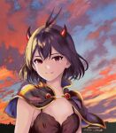  1girl antenna_hair black_capelet black_clover black_dress black_hair capelet closed_mouth clouds demon_girl demon_horns dress evening f3968837 highres horns looking_at_viewer red_eyes red_horns secre_swallowtail sky smile solo 