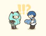  !? 1boy 1girl :o aqua_hair black_footwear black_pants black_skirt blue_hair blue_scarf blush boots chibi eye_contact full_body hair_ornament hatsune_miku headphones headset holding holding_hair kaito_(vocaloid) lilija long_hair long_sleeves looking_at_another miniskirt pants scarf short_hair simple_background skirt standing twintails very_long_hair vocaloid 