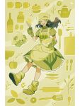  1girl :d alcremie apron black_hair blush buttons chef_hat closed_eyes commentary_request dawn_(palentine&#039;s_2021)_(pokemon) dress floating_hair green_dress hat highres hikari_(pokemon) holding holding_whisk long_hair loose_socks official_alternate_costume omyo_(myomyomyo22) open_mouth oven_mitts pillarboxed pokemon pokemon_(creature) pokemon_masters_ex shoes short_sleeves sidelocks signature smile socks teeth upper_teeth_only whisk 