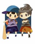  2boys backpack bag baseball_bat baseball_cap black_hair black_socks blue_headwear blue_shorts brown_shorts closed_mouth crossed_arms full_body grey_hair hat hitofutarai holding holding_baseball_bat lucas_(mother_3) male_focus masked_man_(mother_3) mother_(game) mother_2 mother_3 multiple_boys ness_(mother_2) purple_shirt shirt shorts sideways_hat smile socks solid_oval_eyes super_smash_bros. white_socks 