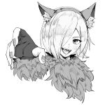  1girl absurdres animal_ear_fluff animal_ears blush cat_ears fake_animal_ears fangs fingerless_gloves fur_collar gloves greyscale hair_over_one_eye highres looking_at_viewer love_live! love_live!_nijigasaki_high_school_idol_club mia_taylor monochrome one_eye_covered open_mouth solo umimi_let white_background 