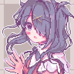  1girl 4_74obake ame-chan_(needy_girl_overdose) black_hair black_ribbon collared_shirt commentary_request grey_background hair_ornament hair_over_one_eye hand_up highres long_hair looking_at_viewer neck_ribbon needy_girl_overdose open_hand open_mouth outline pixel_art red_shirt ribbon shirt solo suspenders twintails upper_body violet_eyes white_outline x_hair_ornament 