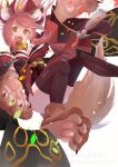  1girl animal_ear_fluff animal_ears animal_feet animal_hands bell black_thighhighs breasts cat_ears cat_girl cat_paws fang fate/grand_order fate_(series) highres japanese_clothes kimono large_breasts legs obi open_mouth red_kimono ringo2156 sash tamamo_(fate) tamamo_cat_(fate) tamamo_cat_(first_ascension)_(fate) teeth thigh-highs thighs white_background 