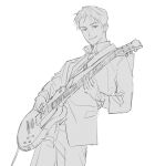  1boy collared_shirt cowboy_shot electric_guitar gloves greyscale guitar highres holding holding_plectrum instrument library_of_ruina long_sleeves monochrome music mye_66 necktie pants parted_bangs playing_instrument plectrum project_moon roland_(project_moon) shirt sketch solo 