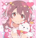  1girl blush_stickers brown_eyes brown_hair colored_inner_hair commentary_request dot_nose frilled_ribbon frills hair_ribbon heart holding holding_stuffed_toy long_hair looking_at_viewer multicolored_hair murosaki_miyo official_alternate_costume official_alternate_hairstyle onii-chan_wa_oshimai! pink_background portrait red_ribbon redhead ribbon satou_asuka simple_background smile solo spoken_blush stuffed_animal stuffed_toy teddy_bear twitter_username two-tone_hair two_side_up 