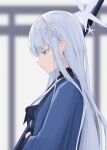  1girl black_bow black_bowtie blue_archive blurry blurry_background bow bowtie closed_mouth commentary_request grey_eyes grey_hair hair_ornament halo haori highres indoors japanese_clothes lkovn956271 long_hair nagusa_(blue_archive) school_uniform solo tsurime upper_body 