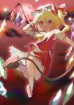  1girl ascot bat_wings blonde_hair crystal dress flandre_scarlet full_body hat medium_hair mob_cap open_mouth red_dress red_eyes side_ponytail solo touhou user_ptvs3537 wings yellow_ascot 