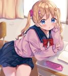  1girl artist_name blonde_hair blue_sailor_collar blue_skirt blurry blurry_background blush bow bowtie breasts classroom depth_of_field desk eyebrows_hidden_by_hair hair_bow hair_ornament hairclip hand_on_own_cheek hand_on_own_face hands_up heart heart_hair_ornament highres long_hair looking_at_viewer manicure nail_polish on_chair original pleated_skirt red_bow ribbon sailor_collar school_desk school_uniform serafuku sidelocks sitting skirt solo sugutsuka_rerun sunlight sweater sweater_vest twintails two_side_up uniform window x_hair_ornament 