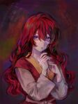  1girl akatsuki_no_yona bad_id bad_twitter_id belt commentary_request cowboy_shot hair_between_eyes korean_commentary long_hair long_sleeves looking_to_the_side pink_belt redhead simple_background solo upper_body violet_eyes yona_(akatsuki_no_yona) yona_hyeon 