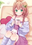  1girl ahoge artist_name bare_shoulders blush braid brown_hair closed_mouth collarbone commission cup detached_sleeves dress drinking eyebrows_hidden_by_hair floral_print frills green_eyes hair_ornament highres holding holding_cup indoors kneehighs knees_up long_hair looking_at_viewer mug off_shoulder original pillow puffy_sleeves purple_dress sidelocks sitting skeb_commission smile socks solo striped_clothes striped_socks stuffed_animal stuffed_toy sugutsuka_rerun 