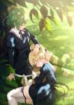  2girls against_tree ahoge andou_tazusa animal animal_hug antenna_hair arm_at_side assault_lily black_ribbon black_skirt blonde_hair blurry blurry_foreground cat closed_eyes closed_mouth commentary cropped_jacket dappled_sunlight day feet_out_of_frame flower frilled_skirt frills grass green_hair green_thighhighs hair_between_eyes hair_ribbon hand_on_another&#039;s_head hand_up high-waist_skirt high_ponytail highres juliet_sleeves knees_together_feet_apart lap_pillow leg_ribbon legs_together long_sleeves lying miniskirt multicolored_thighhighs multiple_girls neck_ribbon nuenue on_grass on_ground on_side outdoors ponytail profile puffy_sleeves ribbon school_uniform shirt short_hair sitting skirt smile striped_clothes striped_ribbon striped_thighhighs sunlight thigh-highs thigh_ribbon tree tree_shade two_side_up white_flower white_shirt white_thighhighs yellow_ribbon yellow_thighhighs yoshimura_thi_mai yuri yurigaoka_girls_academy_school_uniform zettai_ryouiki 