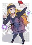  1girl absurdres andrich_galam black_pantyhose blonde_hair cellphone dress headband heart highres long_hair long_sleeves mary_janes mifune_chihaya o3o pantyhose persona persona_5 phone selfie shoes smartphone solo spoken_heart v violet_eyes 