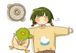  1girl bird blush_stickers closed_eyes duck fuu_(ozu_(oz_yarimasu)) green_hair guu_(ozu_(oz_yarimasu)) highres lying nabe on_back original ozu_(oz_yarimasu) white_background 