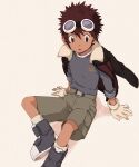  1boy black_eyes blue_shirt boots brown_hair digimon digimon_adventure_02 gdn0522 gloves goggles goggles_on_head green_shorts highres jacket jacket_on_shoulders male_focus motomiya_daisuke parted_lips shirt shorts signature simple_background sitting solo spiky_hair white_gloves 