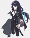  1boy ascot black_cape black_eyes black_hair black_pants black_vest blue_eyes cape closed_mouth collared_shirt cowboy_shot heterochromia highres hong_lu_(project_moon) katana limbus_company long_hair looking_to_the_side low-tied_long_hair pants project_moon sheath sheathed shiki_(shikki46) shirt simple_background smile solo sword very_long_hair vest weapon white_ascot white_background white_shirt 