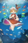  1girl absurdres ascot blonde_hair crystal dress fish flandre_scarlet floating full_body hand_on_own_chest hat highres medium_hair mob_cap open_mouth red_dress red_eyes red_ribbon ribbon solo touhou underwater user_pxaw4585 yellow_ascot 