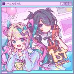  2girls 4_74obake ame-chan_(needy_girl_overdose) anniversary balloon black_hair black_ribbon blonde_hair blue_bow blue_eyes blue_hair bow cellphone chouzetsusaikawa_tenshi-chan collared_shirt dual_persona hair_bow hair_ornament hair_over_one_eye hand_up hands_on_own_cheeks hands_on_own_face hands_up heart highres holding holding_phone indoors long_hair long_sleeves looking_at_viewer monitor multicolored_hair multiple_girls neck_ribbon needy_girl_overdose open_mouth phone pink_bow pink_hair pixel_art purple_bow quad_tails red_shirt ribbon sailor_collar shirt skirt smartphone smile suspender_skirt suspenders twintails x_hair_ornament youtube_creator_award 