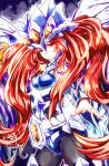  1girl armor belt breasts dated detached_sleeves dragon_wings duel_monster emilia_(yu-gi-oh!) headgear highres long_hair looking_at_viewer nekroz_of_gungnir red_eyes redhead sato_(yuki0634) solo staff very_long_hair wings yu-gi-oh! 