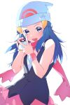  1girl :d absurdres beanie black_shirt blue_hair bracelet commentary_request grey_eyes hair_ornament hairclip hands_up hat highres hikari_(pokemon) holding holding_poke_ball jewelry long_hair open_mouth pink_scarf pink_skirt poke_ball poke_ball_(basic) pokemon pokemon_dppt scarf shirt sidelocks skirt sleeveless sleeveless_shirt smile solo v valentine_(02140314c) white_headwear xtransceiver 