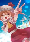  1girl absurdres ascot blonde_hair blue_sky blush closed_eyes cowboy_shot dress flandre_scarlet hat highres medium_hair mob_cap outdoors red_dress red_nails side_ponytail sky smile solo touhou user_pxaw4585 v yellow_ascot 
