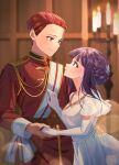  1boy 1girl aristocratic_clothes blurry blurry_background coat depth_of_field dress elbow_gloves epaulettes fern_(sousou_no_frieren) gloves hand_on_another&#039;s_waist highres holding_hands indoors long_hair looking_at_another military_uniform purple_hair red_coat red_eyes redhead short_hair sousou_no_frieren stark_(sousou_no_frieren) togetoge04 uniform updo upper_body violet_eyes white_dress white_gloves 