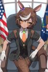  1girl amagasa american_flag animal_ears brown_eyes brown_fur brown_hair closed_mouth collared_shirt crossed_legs gloves highres horse_ears horse_girl horse_tail indie_virtual_youtuber indoors long_sleeves looking_at_viewer medium_hair multicolored_hair multiple_hairpins necktie on_chair orange_necktie second-party_source shirt sitting sleeves_rolled_up smile solo tail tomoe_umari virtual_youtuber white_gloves white_hair white_house white_shirt 