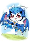  absurdres blue_skin chibimon colored_skin cosplay digimon digimon_(creature) grass highres hood hoodie looking_at_viewer no_humans open_mouth red_eyes shingetsu_(doru0222) signature ulforcev-dramon ulforcev-dramon_(cosplay) wings 