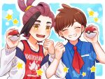  2boys black_hair blue_shirt blush brown_hair clenched_hand closed_eyes collared_shirt colored_inner_hair facing_viewer florian_(pokemon) hair_tie hand_up happy highres holding holding_poke_ball jacket kieran_(pokemon) looking_at_viewer loose_hair_strand male_focus mochi_(mocchi_p_2m) multicolored_hair multiple_boys necktie off-shoulder_jacket off_shoulder open_mouth poke_ball poke_ball_(basic) pokemon pokemon_sv purple_hair red_necktie red_tank_top shirt short_hair short_necktie short_sleeves smile star_(symbol) tank_top teeth two-tone_hair upper_body upper_teeth_only white_jacket yellow_eyes 