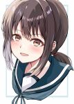  1girl :d blue_sailor_collar blush brown_eyes brown_hair dairyo3 fubuki_(kancolle) hair_between_eyes hair_tie highres kantai_collection looking_at_viewer low_ponytail medium_hair open_mouth profile sailor_collar sidelocks simple_background smile solo white_background 