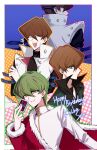  1boy arm_strap black_shirt blue_eyes brown_hair card character_name closed_eyes coat crossed_arms dress_shirt evil_grin evil_smile from_behind from_side fur-trimmed_robe fur_trim green_hair green_jacket grin hand_up happy_birthday high_collar highres holding holding_card jacket kaiba_seto kakera4205 laughing long_sleeves male_focus multiple_views open_clothes open_jacket open_mouth outstretched_arm patterned_background red_robe robe serious shaded_face shirt short_hair sleeveless sleeveless_coat smile trading_card turtleneck_shirt upper_body white_coat white_shirt yellow_eyes yu-gi-oh! yu-gi-oh!_(toei) yu-gi-oh!_duel_monsters 