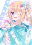  1girl ;d aqua_jacket blonde_hair coffee_cup cup disposable_cup gochuumon_wa_usagi_desu_ka? highres holding hood hooded_jacket hoto_cocoa jacket manicure nail_polish one_eye_closed open_mouth smile solo upper_body violet_eyes yottacc 