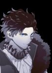  1boy bartholomew_roberts_(fate) black_background black_hair blue_eyes buttons collar fate/grand_order fate_(series) forehead frilled_collar frills fur-trimmed_vest fur_trim hair_slicked_back highres looking_at_viewer male_focus smile solo spot_color upper_body urup_zzz vest 