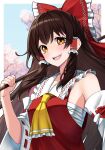  1girl ascot bare_shoulders blush bow brown_hair chest_sarashi detached_sleeves gohei hair_bow hair_tubes hakurei_reimu highres holding holding_gohei japanese_clothes long_hair mattyakinako_(odango_imomushi) nontraditional_miko open_mouth red_bow ribbon-trimmed_sleeves ribbon_trim sarashi sidelocks smile solo touhou upper_body white_sleeves wide_sleeves yellow_ascot yellow_eyes 