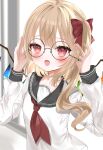  1girl absurdres adjusting_eyewear alternate_costume ascot blonde_hair crystal flandre_scarlet glasses hair_ribbon hand_up highres looking_at_viewer okome2028 open_mouth red_eyes red_ribbon ribbon school_uniform serafuku shirt side_ponytail solo touhou upper_body white_shirt wings 