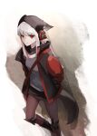  1girl absurdres animal_ear_fluff animal_ears arknights arms_behind_back black_jacket black_skirt brown_pantyhose closed_mouth e-bushi ears_through_headwear frostleaf_(arknights) grey_hair grey_shirt highres jacket long_hair long_sleeves open_clothes open_jacket pantyhose puffy_long_sleeves puffy_sleeves red_eyes shirt skirt smile solo standing standing_on_one_leg tail white_background 