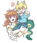  2girls aged_down antlers blonde_hair blue_shirt blush brown_hair carrying carrying_person child child_carry circlet detached_sleeves dragon_girl dragon_horns dragon_tail dress green_dress horns kicchou_yachie long_hair long_sleeves multiple_girls open_mouth pointing re_ghotion red_eyes shirt short_hair single-shoulder_dress single_detached_sleeve single_strap skirt smile son_biten sweatdrop tail touhou turtle_shell white_sleeves yellow_eyes yellow_horns 