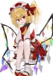  1girl absurdres ascot bat_wings blonde_hair dress flandre_scarlet frilled_skirt frills hat hat_ribbon highres mob_cap open_mouth red_dress ribbon shino2121 side_ponytail simple_background sitting skirt smile thigh-highs touhou white_background white_thighhighs wings 