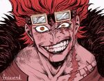  1boy artist_name clenched_teeth coat commentary eustass_kid feriowind fur_coat goggles goggles_on_head injury looking_at_viewer male_focus one_piece redhead scar scar_across_eye scar_on_cheek scar_on_face short_hair simple_background smile solo teeth yellow_eyes 