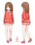  1girl brown_hair comodomodo full_body green_eyes hands_in_pockets highres legs miniskirt multiple_views orange_footwear orange_shirt original pleated_skirt shirt shoes short_hair skirt smile socks sol_(comodomodo) standing thighs white_skirt white_socks 