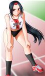  1girl asahina_natsuki bad_source black_hair black_socks closed_mouth collarbone hairband hands_on_own_knees long_hair mokkouyou_bond mole mole_under_mouth navel red_eyes red_footwear shiny_skin smile socks sports_bra sports_panties super_real_mahjong super_real_mahjong_p7 sweat very_long_hair 