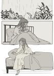  1girl bed_frame bedding closed_mouth dress duvet greyscale headboard highres indoors long_hair mattress monochrome original outdoors peter_pan_collar philia_ell pillow rain short_bangs solo tono_(rt0no) white_dress 