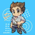  1boy arm_at_side belt black_pants blue_background breast_pocket brown_belt brown_eyes brown_hair buttons chibi collarbone collared_shirt commission full_body kotorai male_focus pants pocket protagonist_1_(housamo) shirt short_hair sideburns skeb_commission smile solo sword thank_you tokyo_afterschool_summoners weapon 