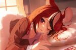  1girl absurdres animal_ears bed bedroom black_hair blanket blue_eyes cellphone english_commentary hakos_baelz highres hololive hololive_english indoors irys_(hololive) jiang_ye_kiri long_hair looking_at_viewer lying mouse_ears mouse_girl multicolored_hair on_bed on_side one_eye_closed pajamas parted_lips phone pillow pov_across_bed redhead smartphone solo streaked_hair under_covers virtual_youtuber waking_up white_hair window 