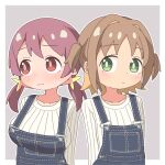  2girls 3: alternate_costume arms_behind_back blonde_hair breasts brown_hair chibi collarbone colored_inner_hair commentary dot_nose flat_chest frown green_eyes grey_background hair_intakes hair_ornament highres large_breasts light_blush long_sleeves looking_at_viewer looking_to_the_side low_twintails madwhippedcream matching_outfits medium_hair multicolored_hair multiple_girls murosaki_miyo oka_asahi onii-chan_wa_oshimai! outline overalls red_eyes redhead ribbed_shirt shirt short_hair side-by-side simple_background twintails two-tone_hair two_side_up upper_body white_outline white_shirt 