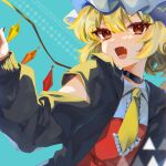1girl alternate_costume aqua_background black_choker black_jacket blonde_hair choker clothing_cutout collared_shirt crystal curly_hair eyes_visible_through_hair fang flandre_scarlet frilled_necktie hat highres jacket long_sleeves looking_at_viewer maguri_rei medium_hair mob_cap necktie open_clothes open_jacket open_mouth red_eyes red_vest shirt shoulder_cutout skin_fang solo touhou triangle vest white_headwear wings yellow_necktie