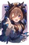  :3 absurdres animal_ears blue_bow blue_bowtie blue_nails blue_ribbon bow bowtie brown_hair ear_covers hair_ribbon hat highres horse_ears horse_girl horse_tail long_hair looking_at_viewer mole mole_under_eye one_eye_closed open_mouth outstretched_hand pleated_skirt ribbon shirt simple_background single_ear_cover skirt sleeveless sleeveless_shirt smile tail twintails umamusume violet_eyes vivlos_(umamusume) white_headwear white_shirt white_skirt yu_hydra 