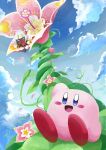 1boy 1other blue_sky blush_stickers clouds colored_skin day disembodied_limb dreamstalk extra_arms falling_petals fangs flower highres horns kirby kirby:_triple_deluxe kirby_(series) leaf mitama_pk1027 no_humans petals pink_skin scarf sky solid_oval_eyes taranza white_hair